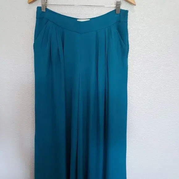 Anthropologie's Elevenses Teal Blue Super Wide Leg Palazzo Pants Pleats Size 10 - Picture 2 of 12